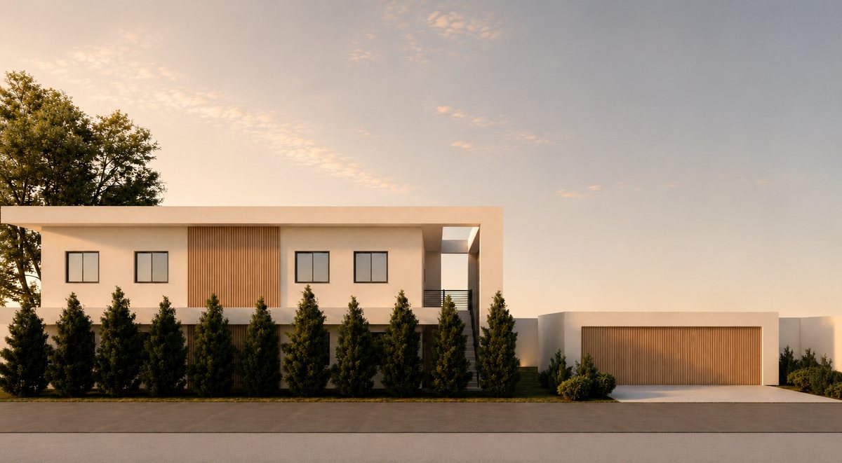 “The Gardner II” — rendering of the full street frontage with garage