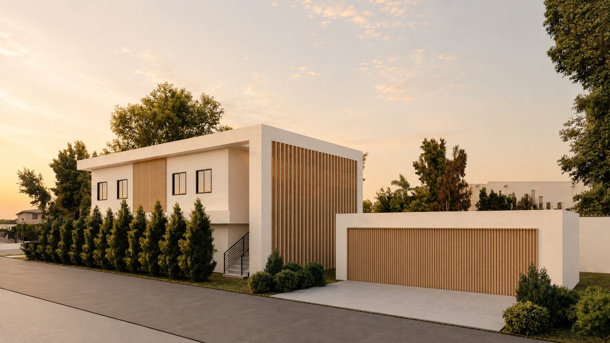 “The Gardner II” — rendering of the entry stair and slatted garage screen